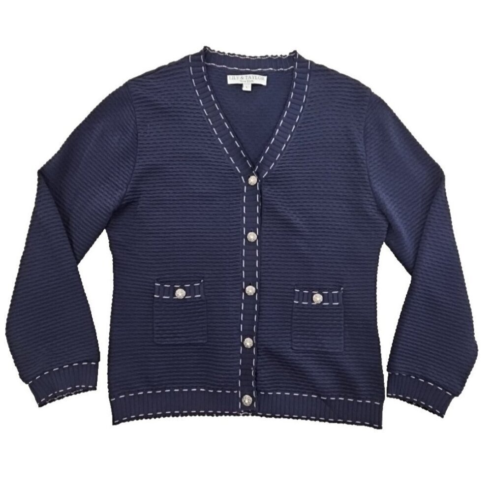 Lily & Taylor New York‎ Cardigan Women's Large Navy Blue Textured Bling EUC LN